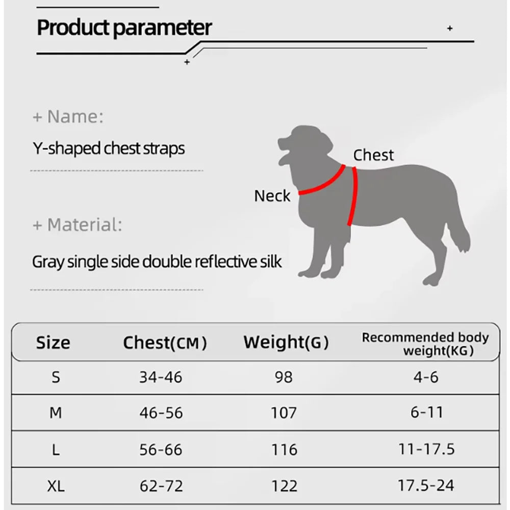 TrailGlow harness size chart with chest measurement and recommended dog weight for sizes S to XL