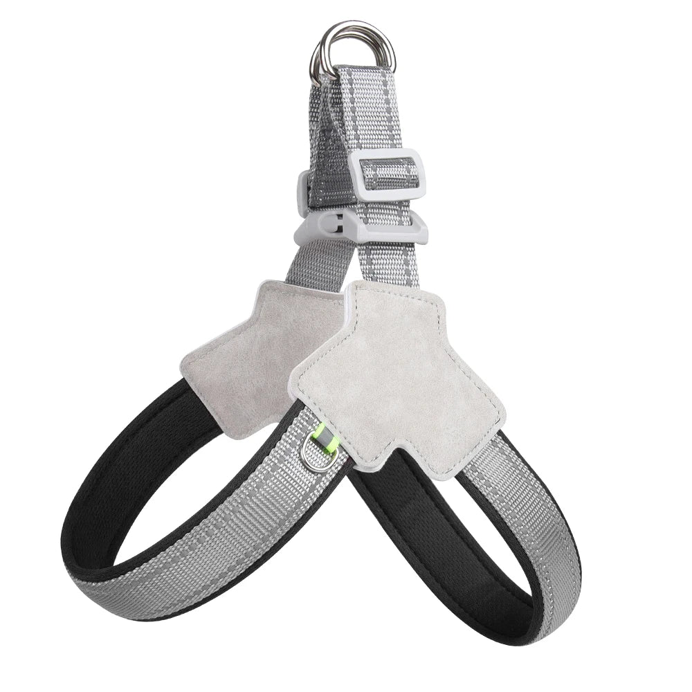 TrailGlow reflective dog harness in black with gray reflective straps