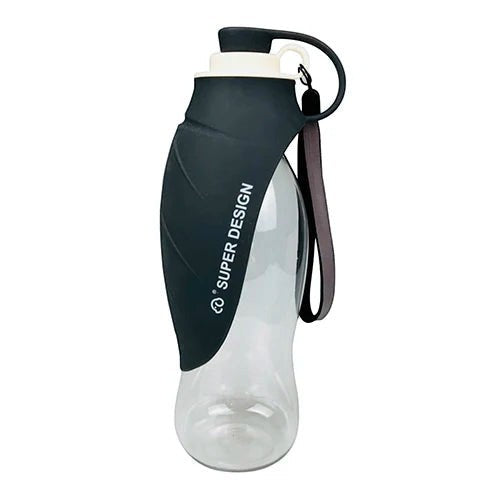 FurMidables 580ml black portable pet water bottle with integrated silicone drinking bowl for dogs and cats