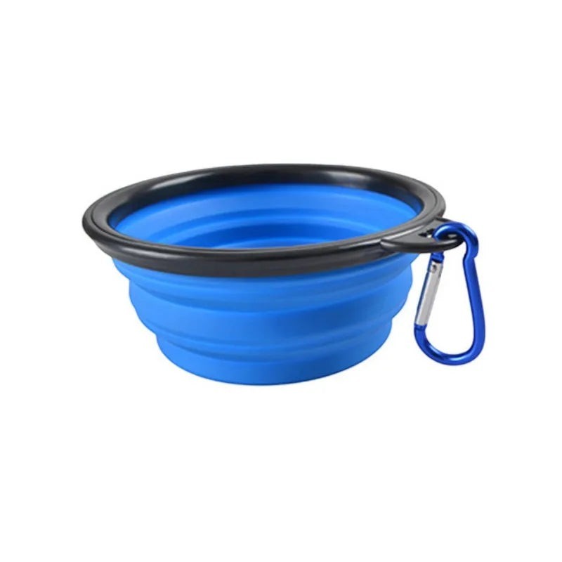 FurMidables blue collapsible silicone pet travel bowl with black rim and attached carabiner for dogs and cats