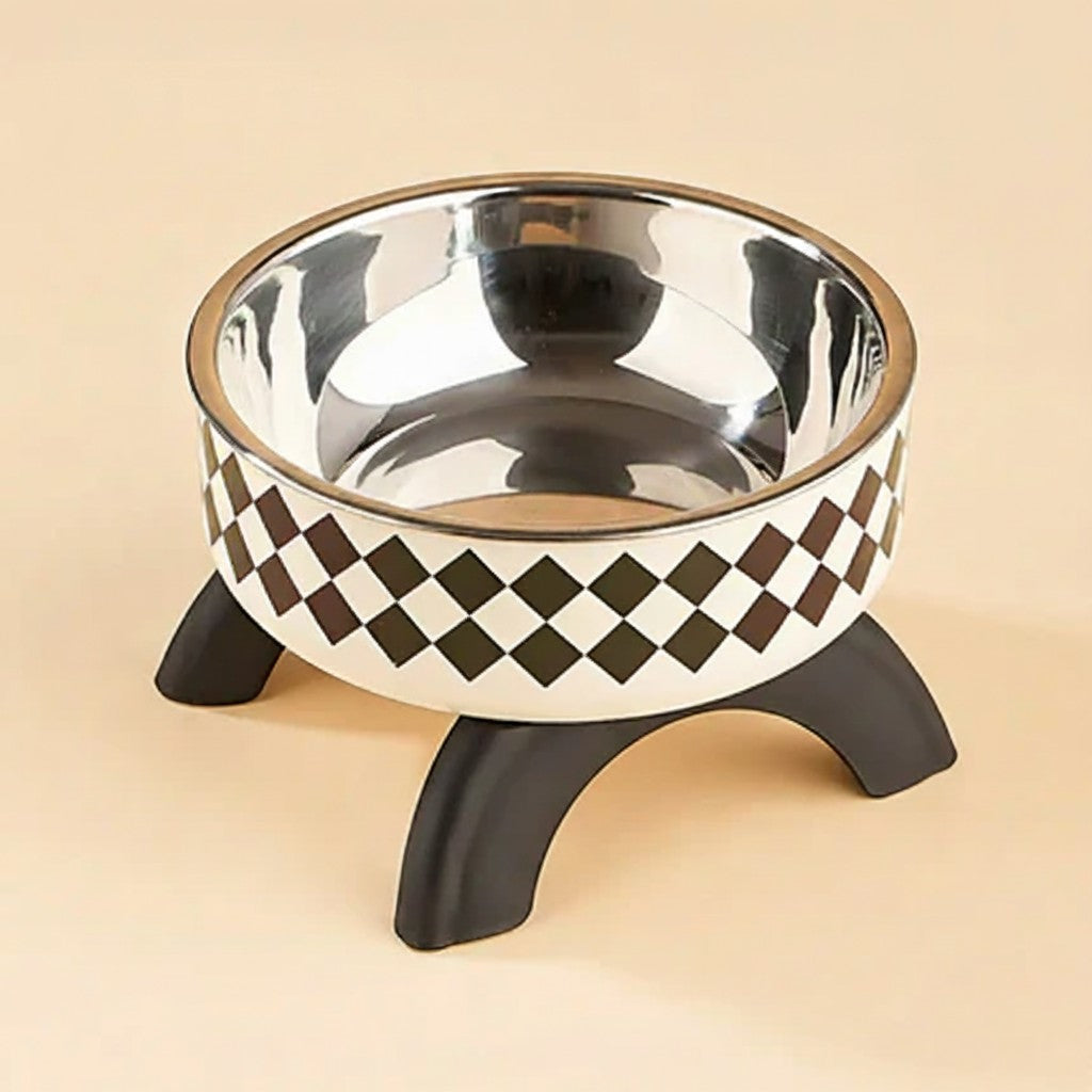 FurMidables elevated pet bowl with a black and white checkered pattern, stainless steel insert, and black legs.