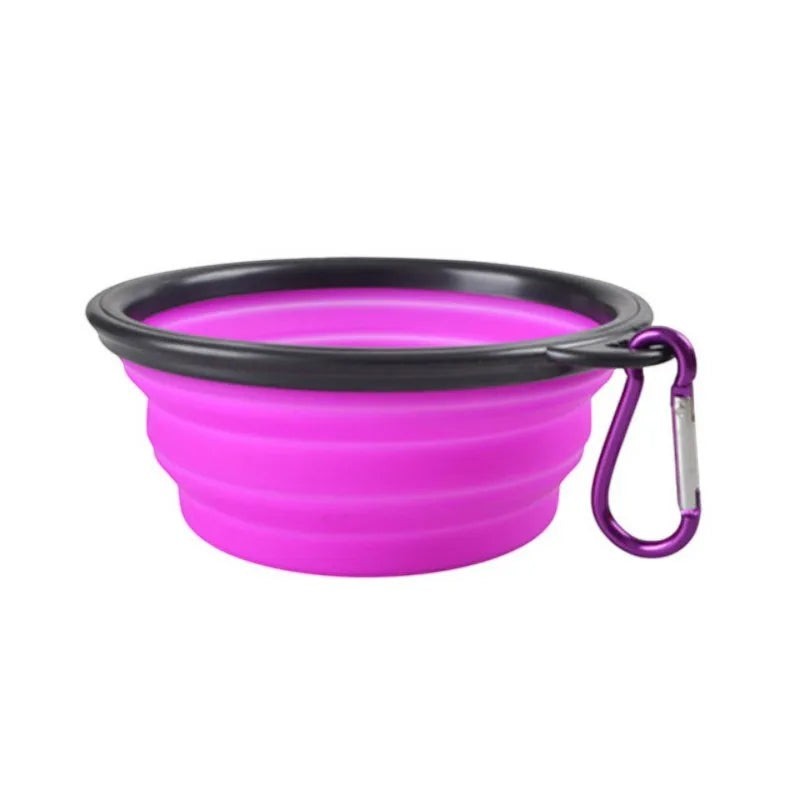FurMidables collapsible pink silicone pet travel bowl with black rim and carabiner clip for dogs and cats