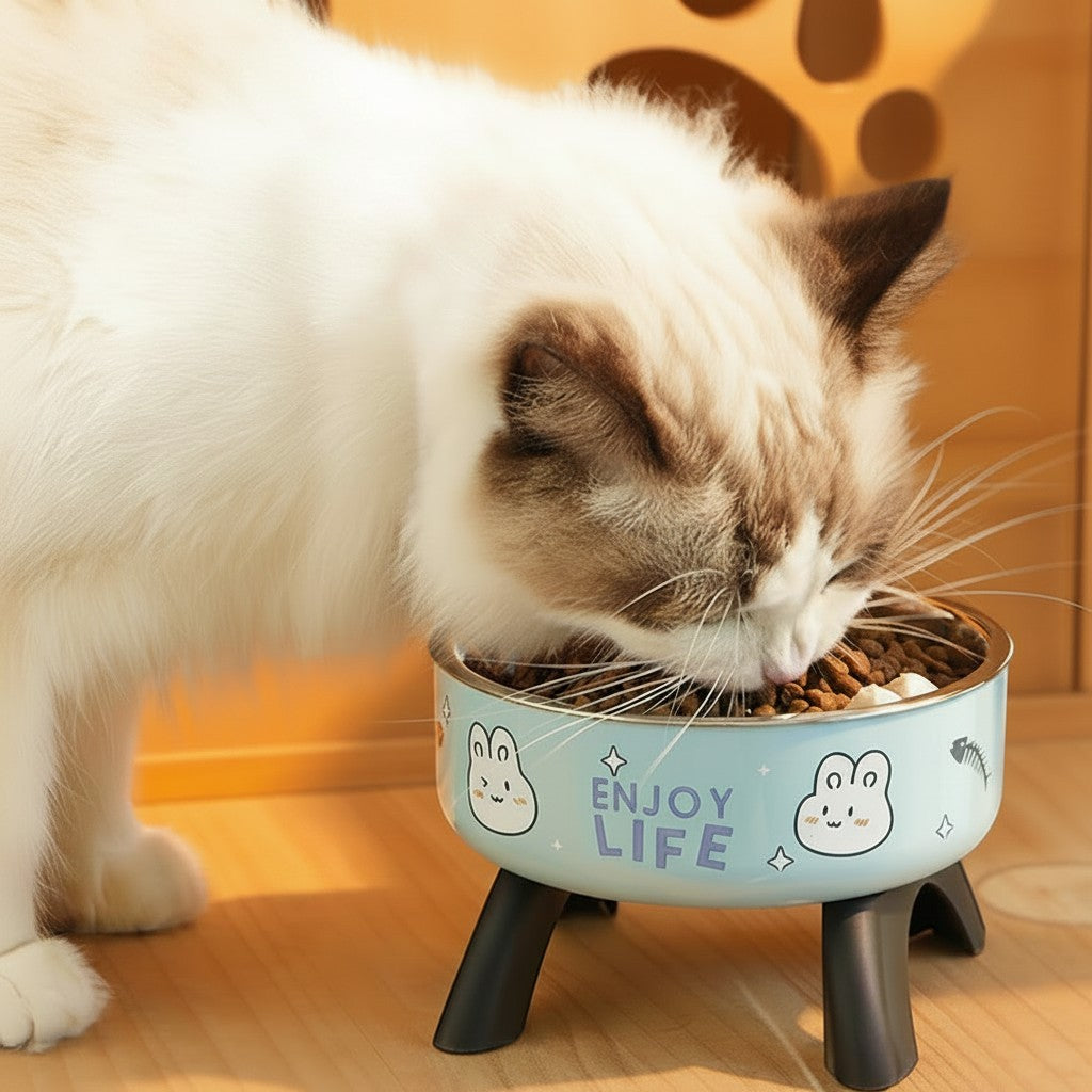 FurMidables elevated pet bowl with a light blue finish, cute rabbit print, and stainless steel insert for cats.