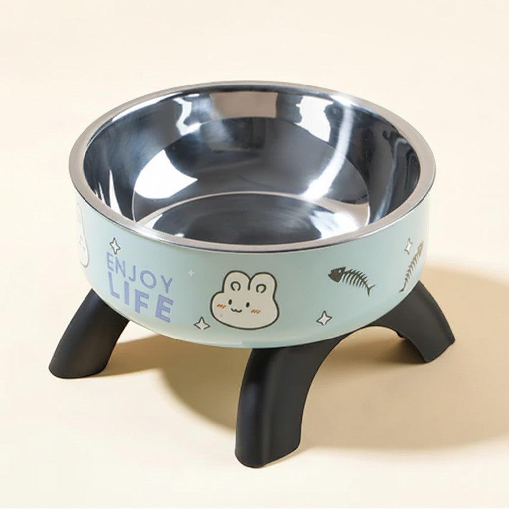 FurMidables elevated pet bowl in light blue with cute animal prints, featuring a removable stainless steel insert.