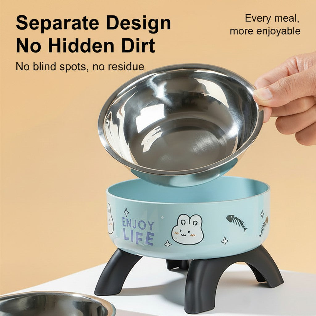 FurMidables elevated pet bowl with a removable stainless steel insert and a light blue base featuring cute animal prints.