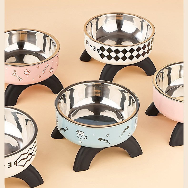FurMidables elevated pet bowls with stainless steel inserts and colorful patterned stands for cats and small dogs