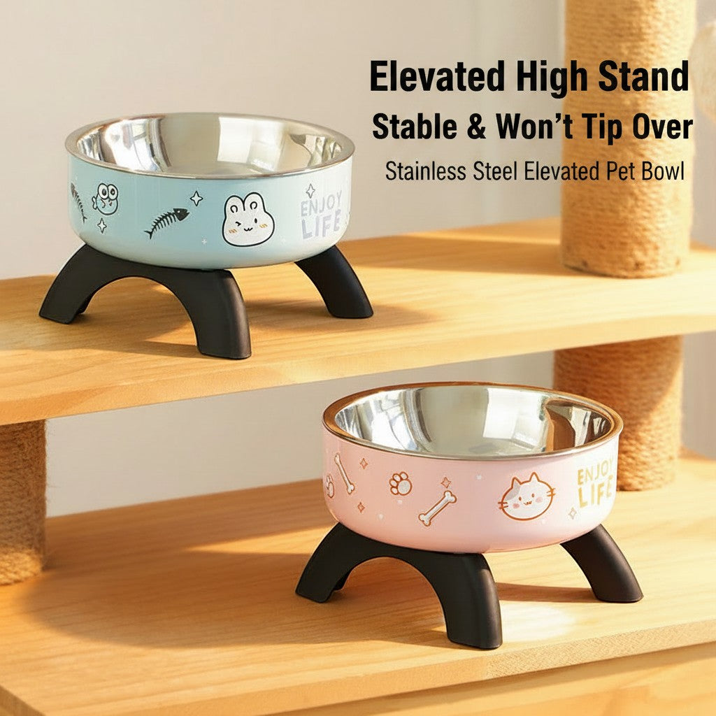 FurMidables elevated pet bowls with stainless steel inserts, featuring light blue and pink designs on wooden shelves.