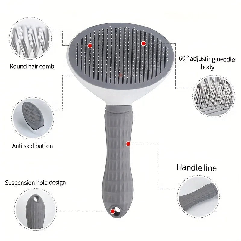 FurMidables gray self-cleaning pet brush with stainless steel pins, ergonomic handle, and one-click fur release button