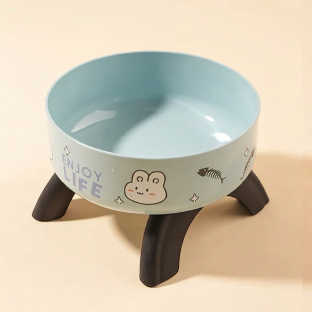 FurMidables light blue elevated pet bowl with cute rabbit and fish bone print on a black four-legged stand