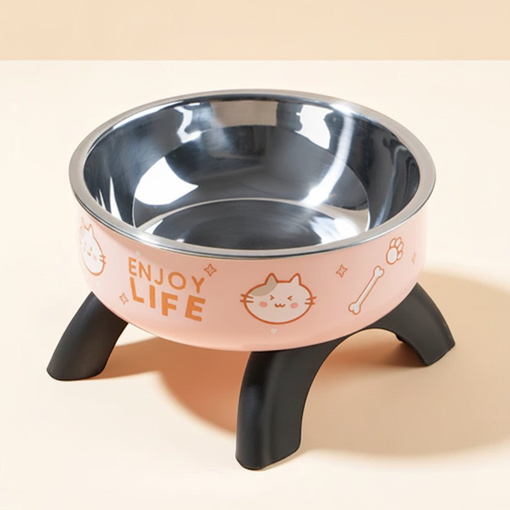 FurMidables elevated pink pet bowl with cat print and stainless steel insert on a black four-legged stand.
