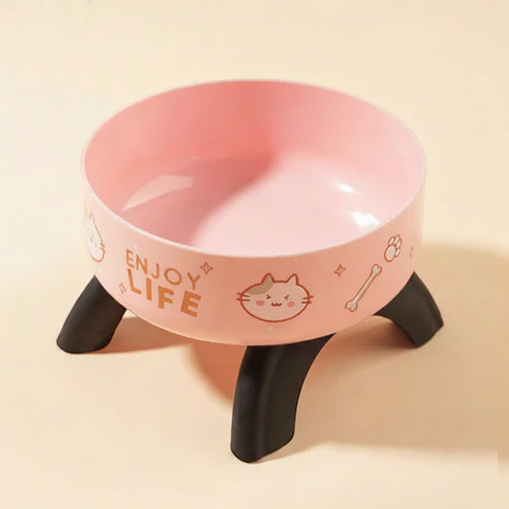 FurMidables pink elevated pet bowl with cat illustrations and black legs for cats and small dogs