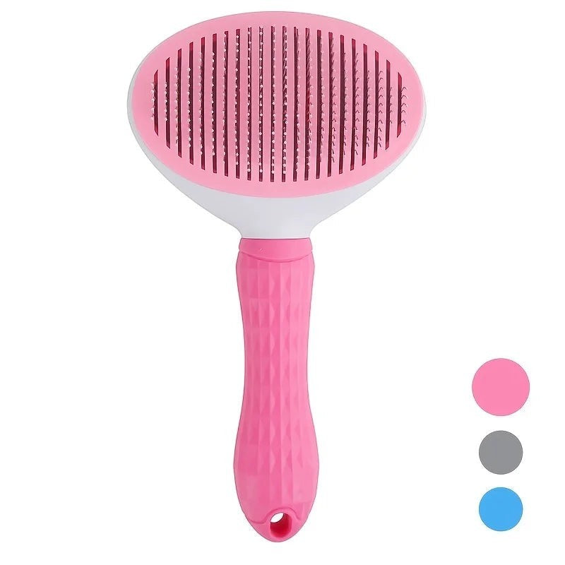 FurMidables pink self-cleaning slicker brush for dogs and cats with stainless steel pins and ergonomic handle