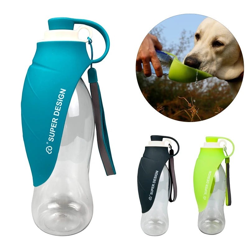 FurMidables 580ml portable pet water bottle with flip-up silicone bowl for dogs and cats in blue, black, and green.