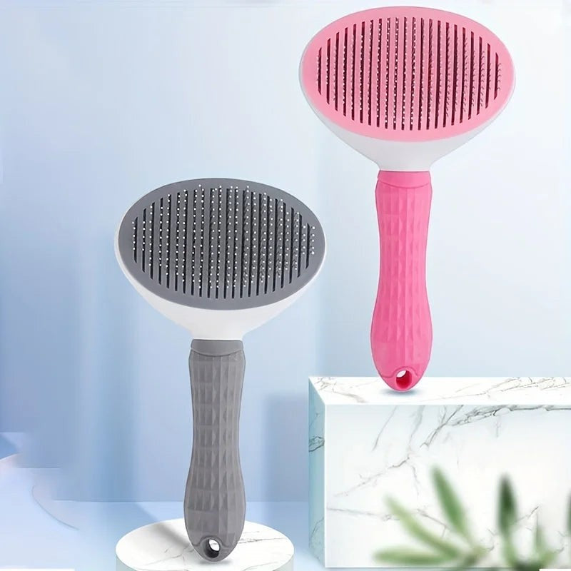 FurMidables self-cleaning pet brushes in pink and gray with stainless steel pins and ergonomic non-slip handles.
