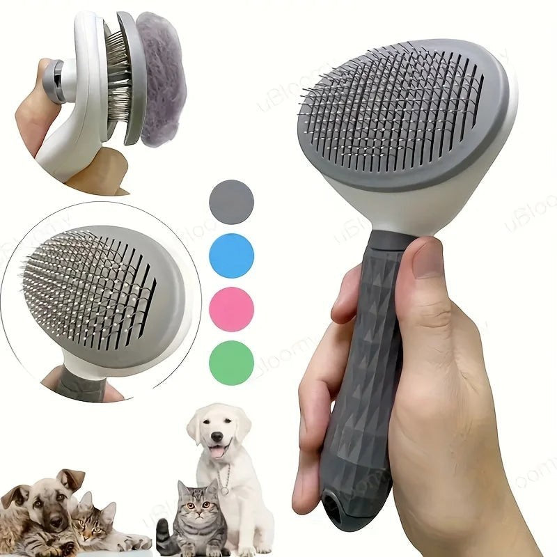 FurMidables self-cleaning slicker brush for dogs and cats with stainless steel pins and ergonomic gray handle