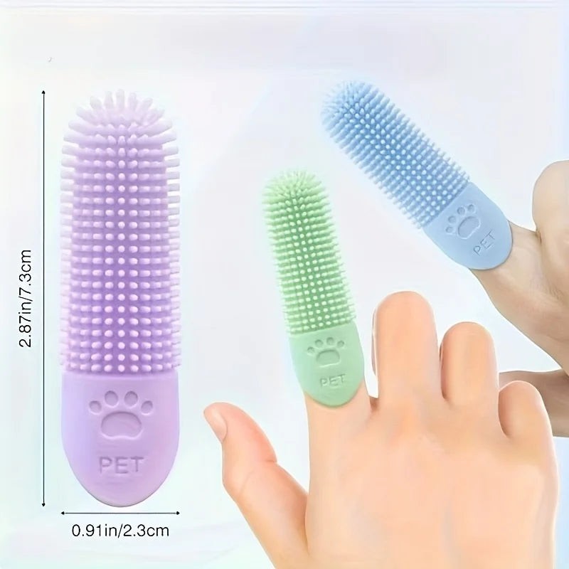 FurMidables soft silicone finger toothbrushes for dogs and cats in purple, green, and blue with 360-degree bristles.