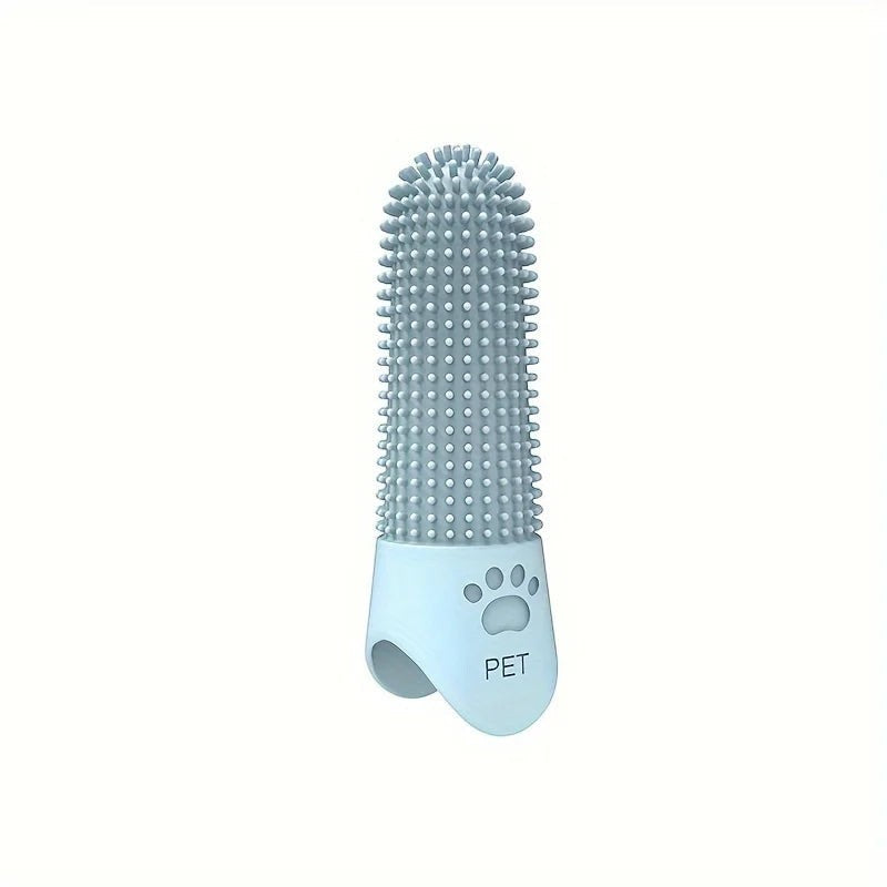 FurMidables light blue silicone finger toothbrush for dogs and cats with 360-degree bristles and a paw print design