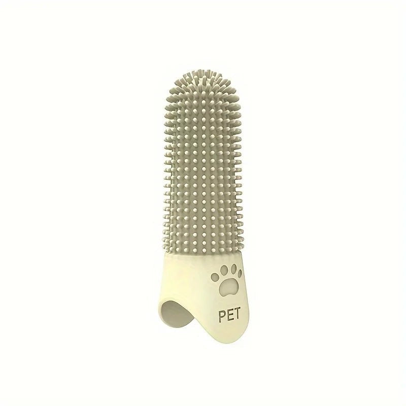 FurMidables beige silicone finger toothbrush for dogs and cats with 360-degree bristles and a paw print design.