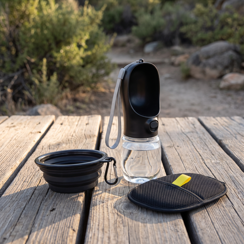Dog travel kit at a trailhead: water bottle, collapsible bowl and hair remover mitt on wood