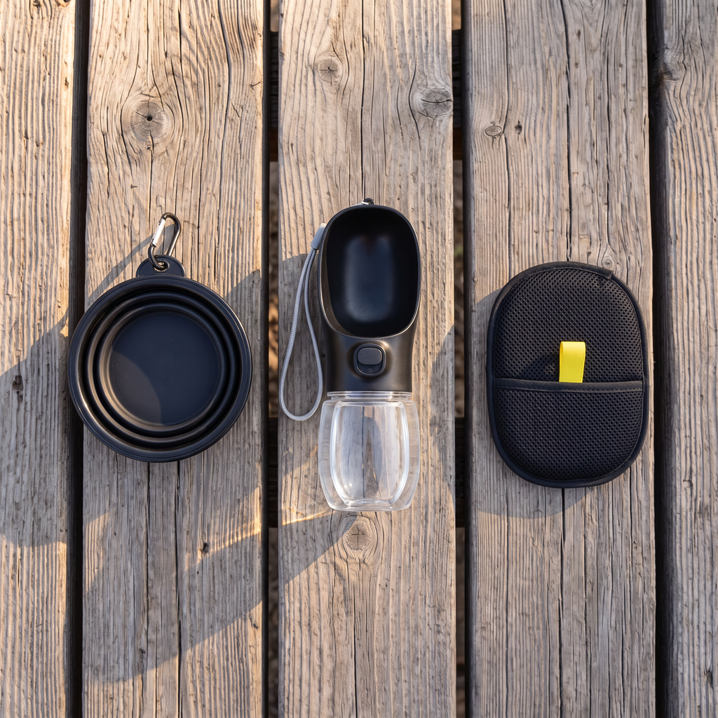 Dog travel kit contents from above: 550ml water bottle, 1000ml collapsible bowl, hair remover mitt