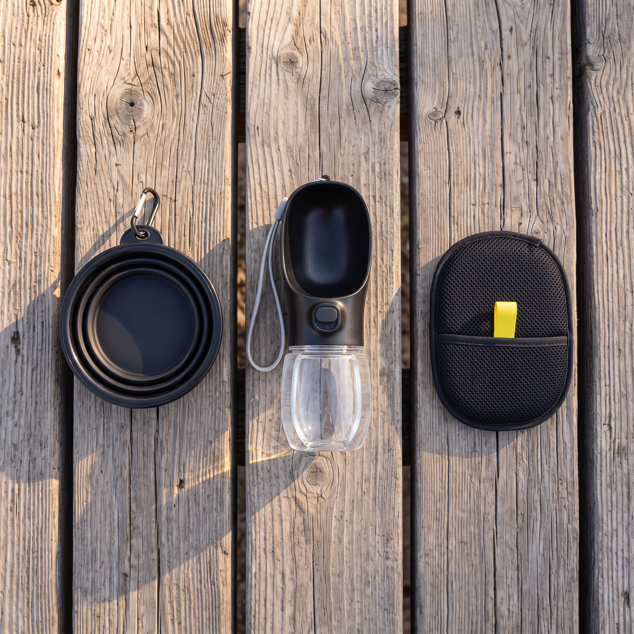 Dog travel kit contents from above: 550ml water bottle, 1000ml collapsible bowl, hair remover mitt