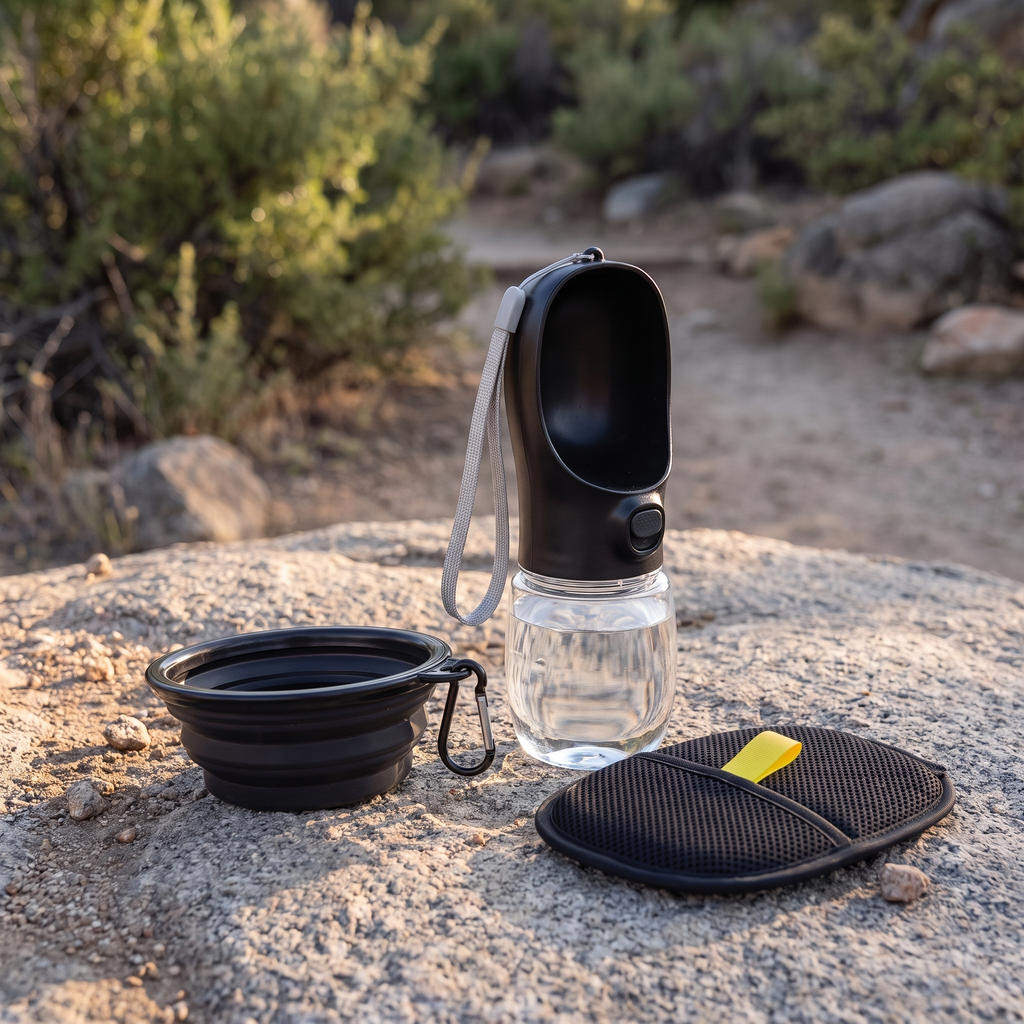 Dog hiking gear on a granite rock beside a trail: water bottle, travel bowl and hair mitt