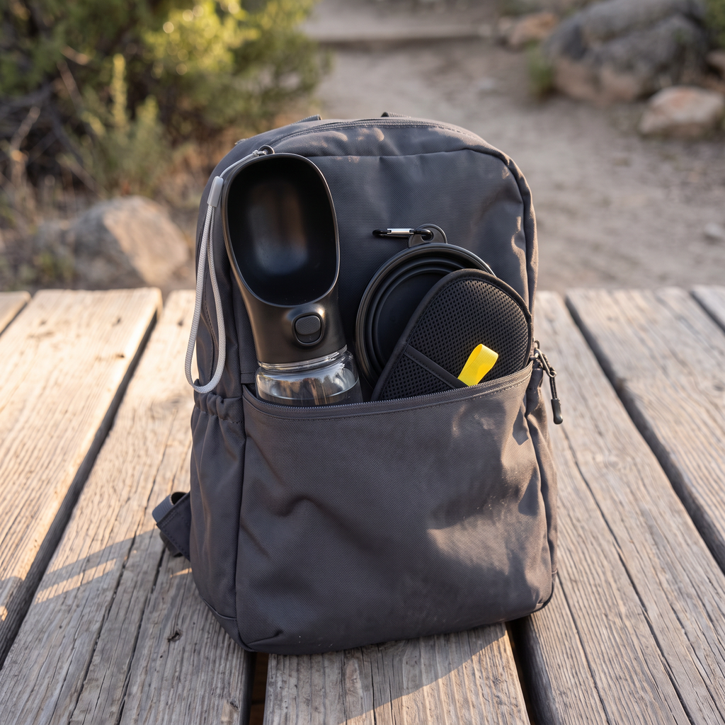 Dog travel kit packed into a hiking daypack pocket, showing how compact the three pieces are