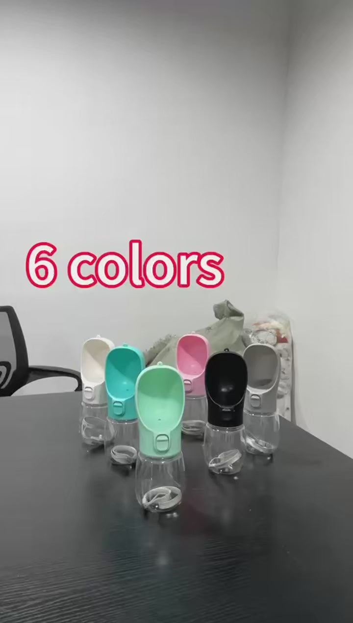 Video showing the FurMidables TrailSip portable dog water bottle in all six colors and all three sizes, 300ml, 350ml and 550ml, and the clear bottle unscrewing from the lid for filling
