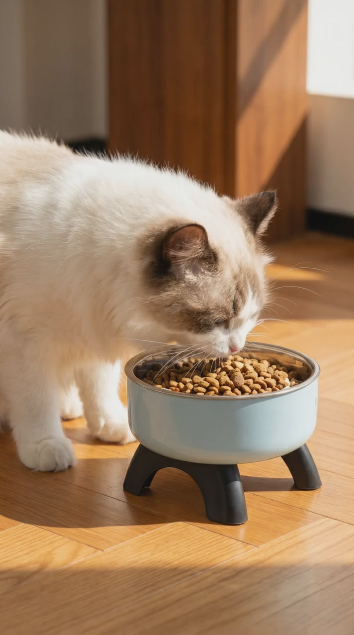 Cat eating comfortably from the blue SteadyBase elevated pet bowl
