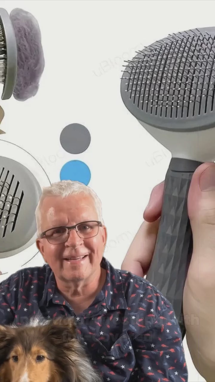 Demonstration of the Press & Release self-cleaning slicker brush one-click fur release